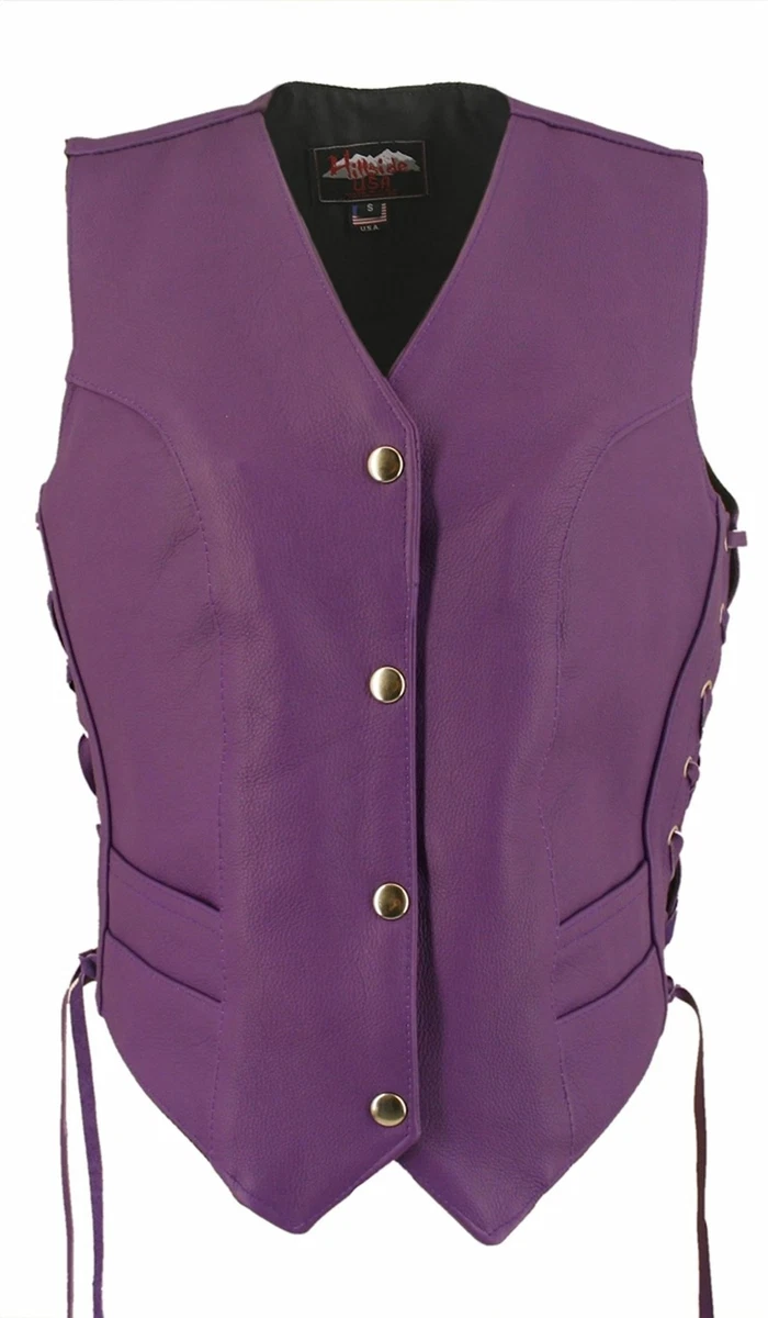 Women s Purple Made in USA Leather Motorcycle Vest Side Laces eBay