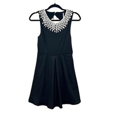 Free People Womens Dress Waffle Fringe Embellished Neck Open Back Black Sz XS*
