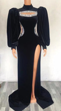Evening Rhinestone Velvet Long Train Dress Prom Party Big Sleeves Dancer Dress