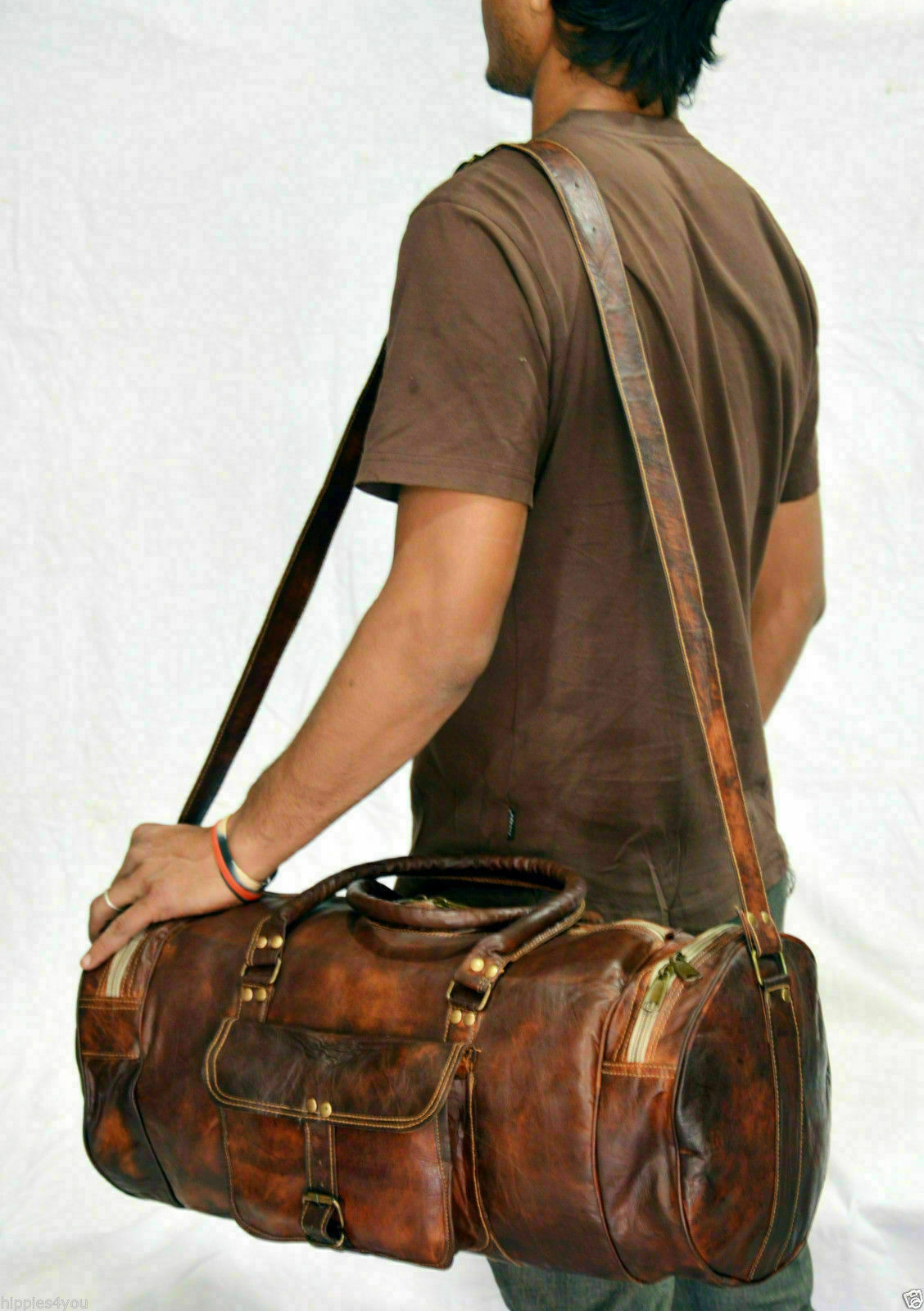 Vintage Brown Large Round Leather Duffel Bag for Men Travel Gym Weekend Luggage
