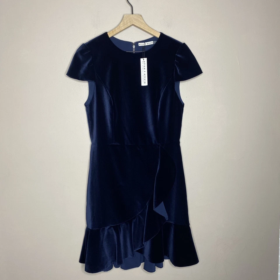 NEW Alice + Olivia Women’s Size 8 Enid Navy Blue Ruffle Trimmed Dress - Image 3 of 4