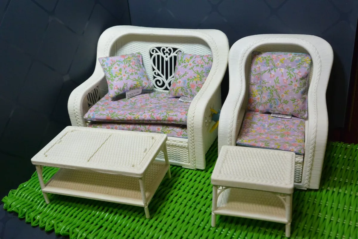 Vintage 80 s Barbie Cottage Dream White Faux Wicker Furniture Set Used Free S H