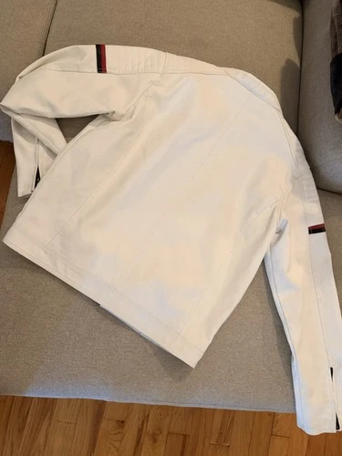Distortion Men’s Large White Moto Racing Jacket Red Black Stripe Full Zip Y2K image 2