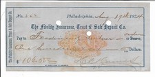 1874 SEGURO DE FIDELIDAD FIDEICOMISO Y DEPÓSITO SEGURO CO CHEQUE BANCARIO PHILADELPHIA PA