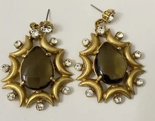 Yosca Cresent Moons Smokey Quartz Glass Pierced Drop Earrings