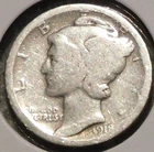 Silver Dime - Mercury - 1918 (Cleaned / Scuffed surfaces)