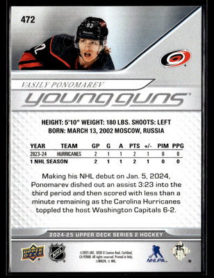 2024-25 Upper Deck Young Guns Vasily Ponomarev Rookie Carolina