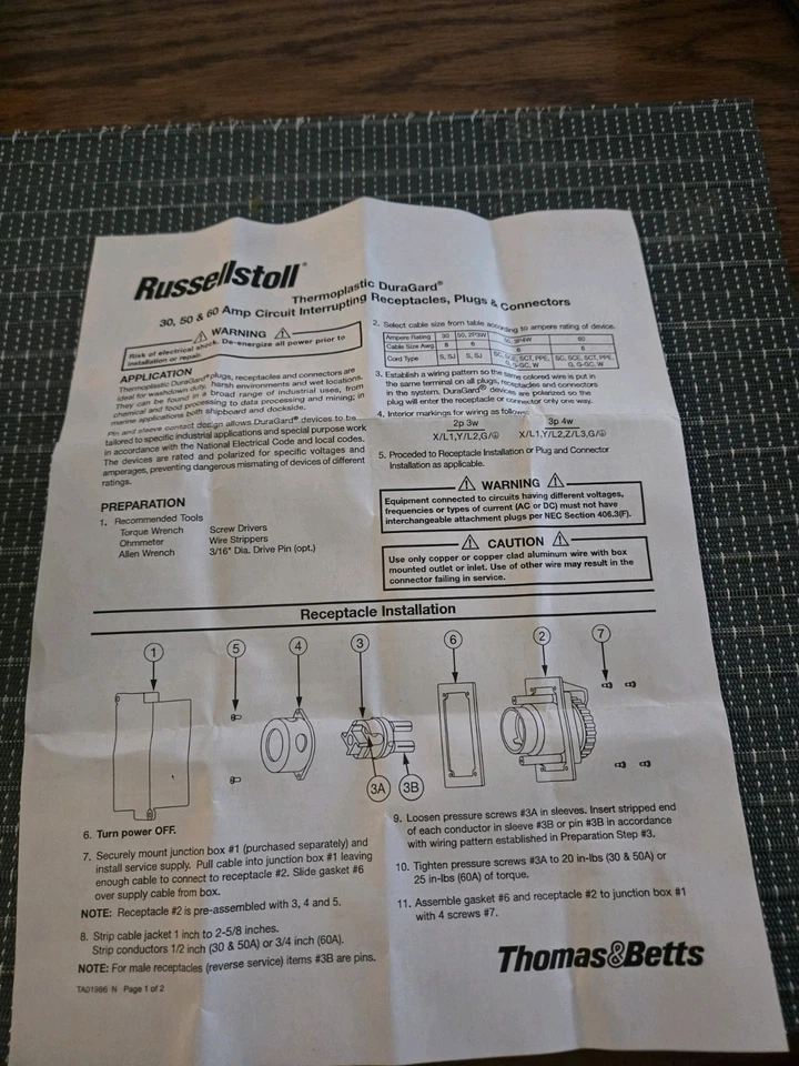 T&B RUSSELLSTOLL 9R54U2W 50A 250VAC DURAGARD RECEPTACLE PLUS CONDUIT BOX 3711A - Image 4 of 4