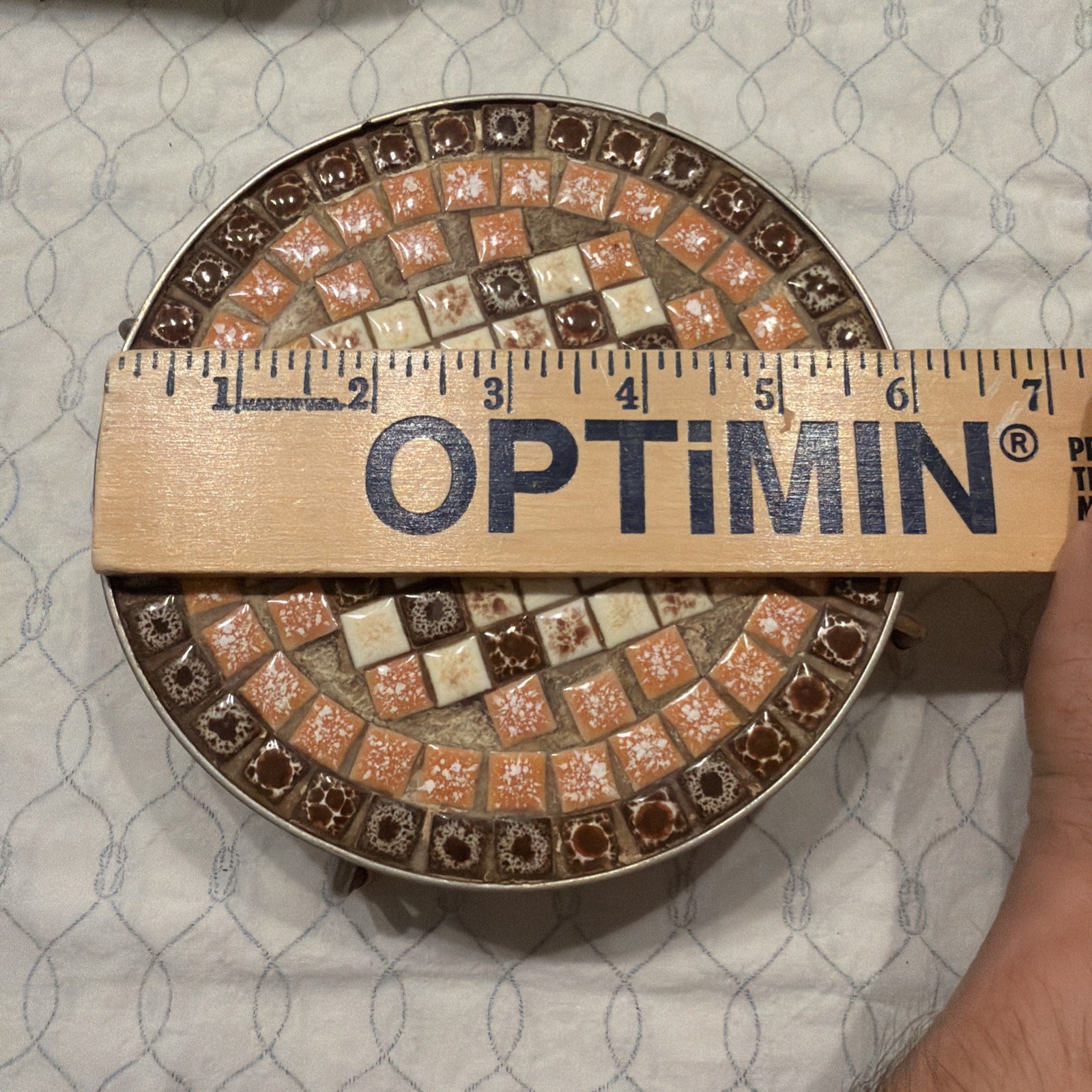 Vintage Mid Century Retro Modern Mosaic Grey Pink Round Trivet Hot Plate