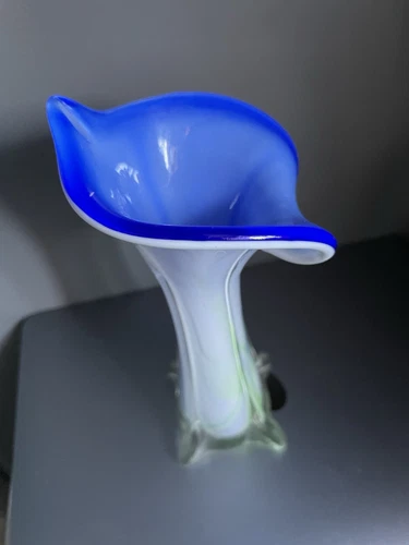 ❤️ JACK IN THE PULPIT Blue White GRN MURANO GLASS CALLA LILY VASE 8”
