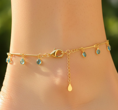 Elegant 18K Gold Plated Brass Anklet Minimalist Topaz Blue CZ Dangle Charm