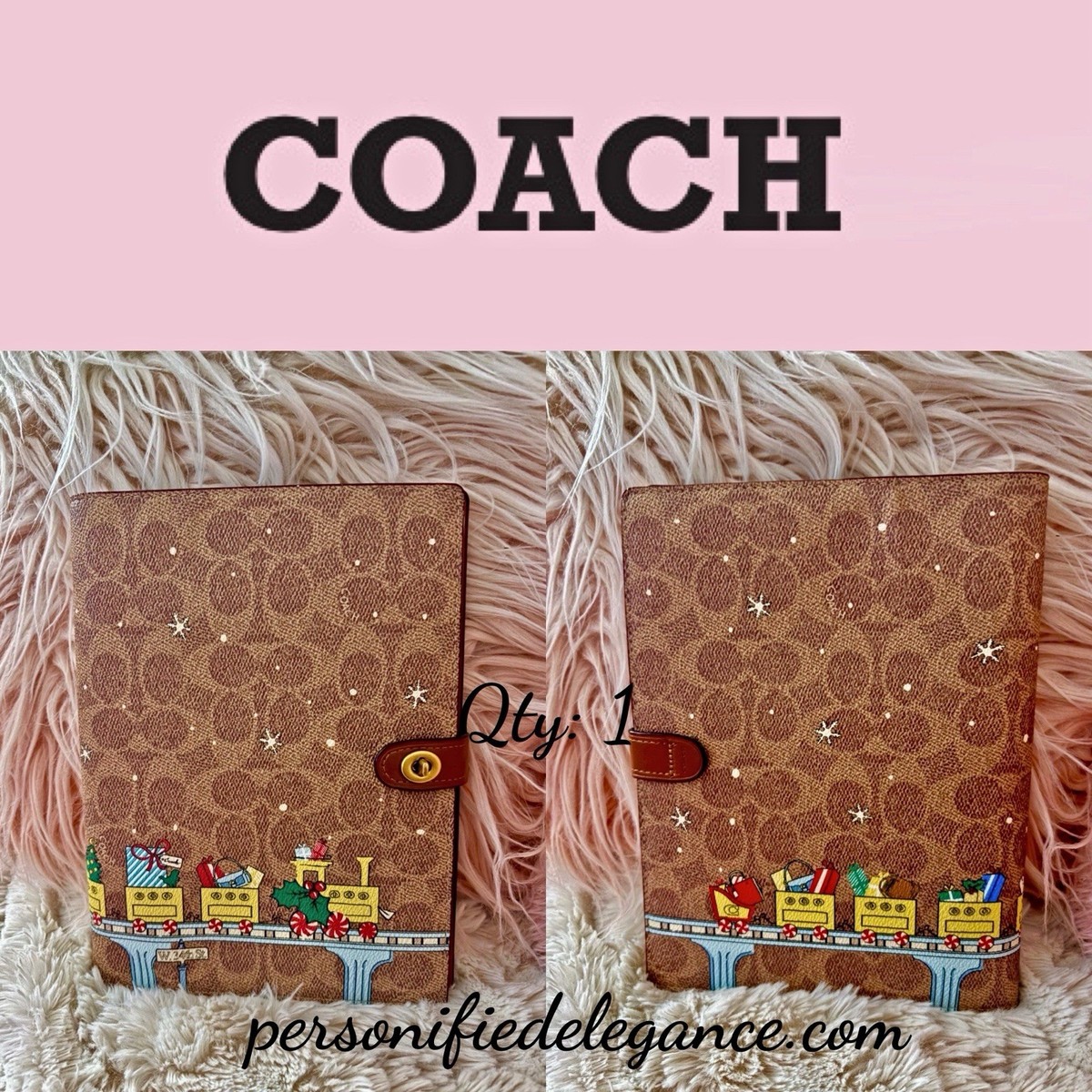 小物 COACH keycharm Notebook Diary Signature NEW Coach Signature Coated Canvas Leather With Holiday Train