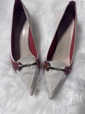 Gucci Horse Bit Contrast Trim Beige Red Canvas Leather Kitten Heel Pumps 6.5