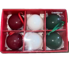Crate & Barrel Set of 6 Christmas Ornaments Red White Green Ball Set IN BOX