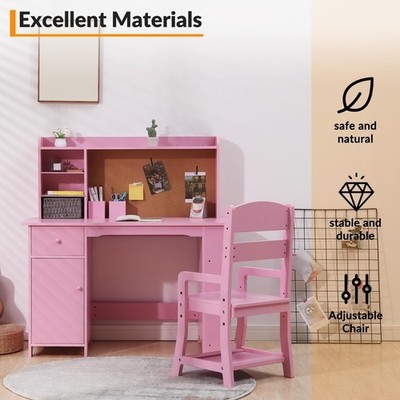 Kids Study Desk Chair Set Children Study Table with Storage Cabinet & Drawers