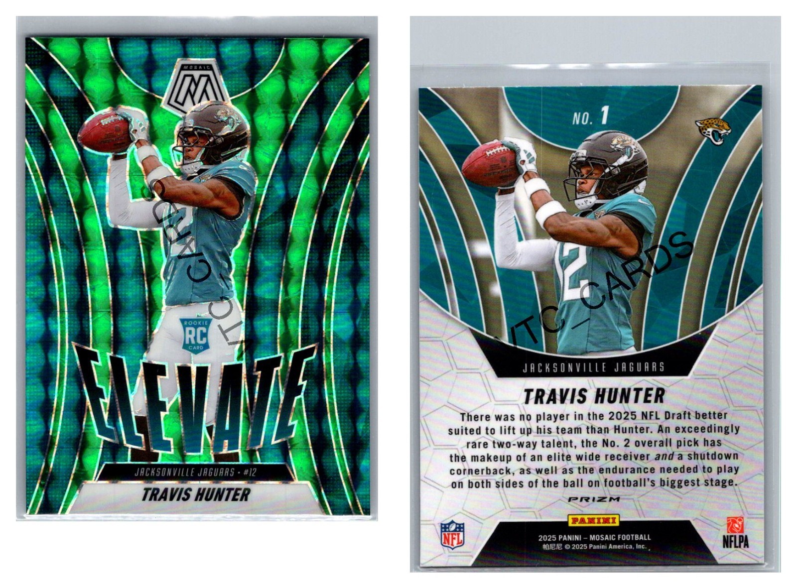 Travis Hunter RC Elevate Green Prizm 2025 Panini Mosaic #1 Jacksonville Jaguars