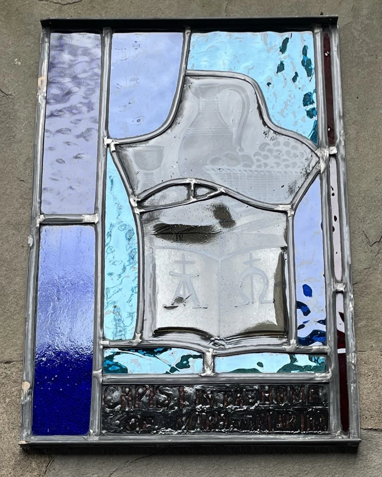 ANTIQUE CHURCH WINDOW "Jesus, Mary and Martha" FIRED PAINTED GLASS 1940s NYC - Image 2 of 4