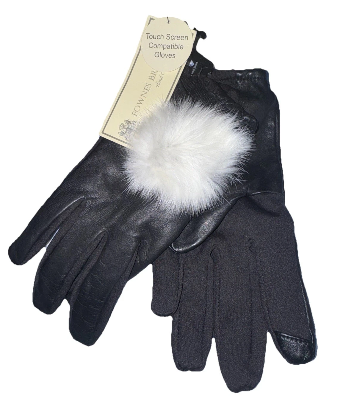 Fownes Brothers Lord & Taylor Black Leather Gloves Rabbit Fur Pom Pom Size L/XL