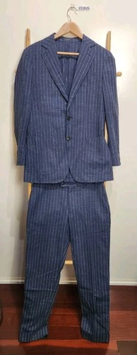 Suit Supply Blue Pinstriped Linen Traveller 2 Piece Suit Slim Fit 46