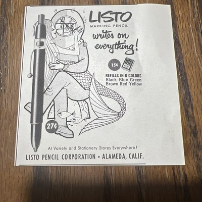 1955 Listo Marking Pencil Print Ad 3 x3  Writes On EVERYTHING