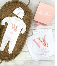 Pink Rabbit Pink Initial Personalised New Baby Girl Clothing Gift Set