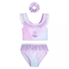 Disney Store Frozen Elsa Purple Girls Swimsuit Set Two Piece Ruffle Hair Tie NEW