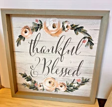 Kirklands Home Decor Thankful & Blessed Sign-Wood Framed Wall Art 13 X 13 Floral
