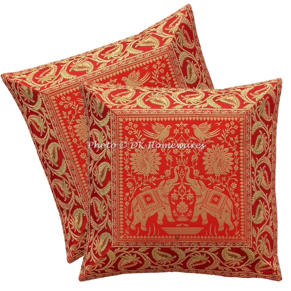 Ethnic Elephant Brocade Throw Pillow Covers Set of 2 Decorative Pillowcases