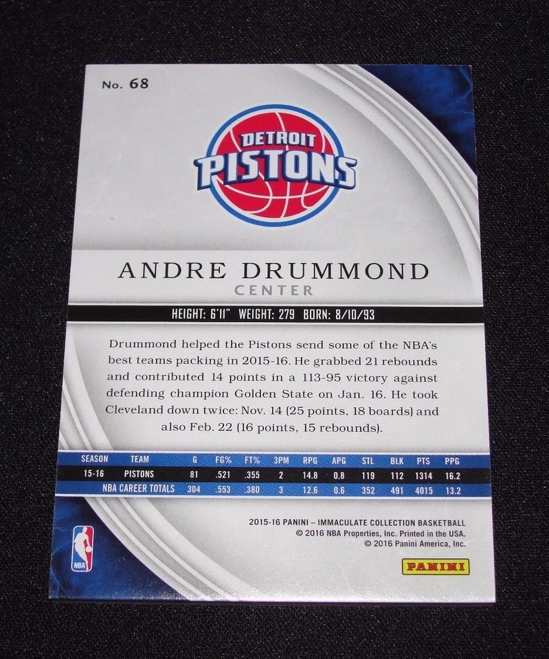 2015-16 Immaculate ANDRE DRUMMOND #68 Blue Foil Variant/10 DETROIT Pistons UCONN - Image 2 of 2