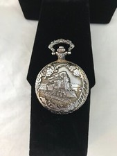Da Vanci Analog Quartz Pocket Watch Silver Tone Steam Train Theme Working