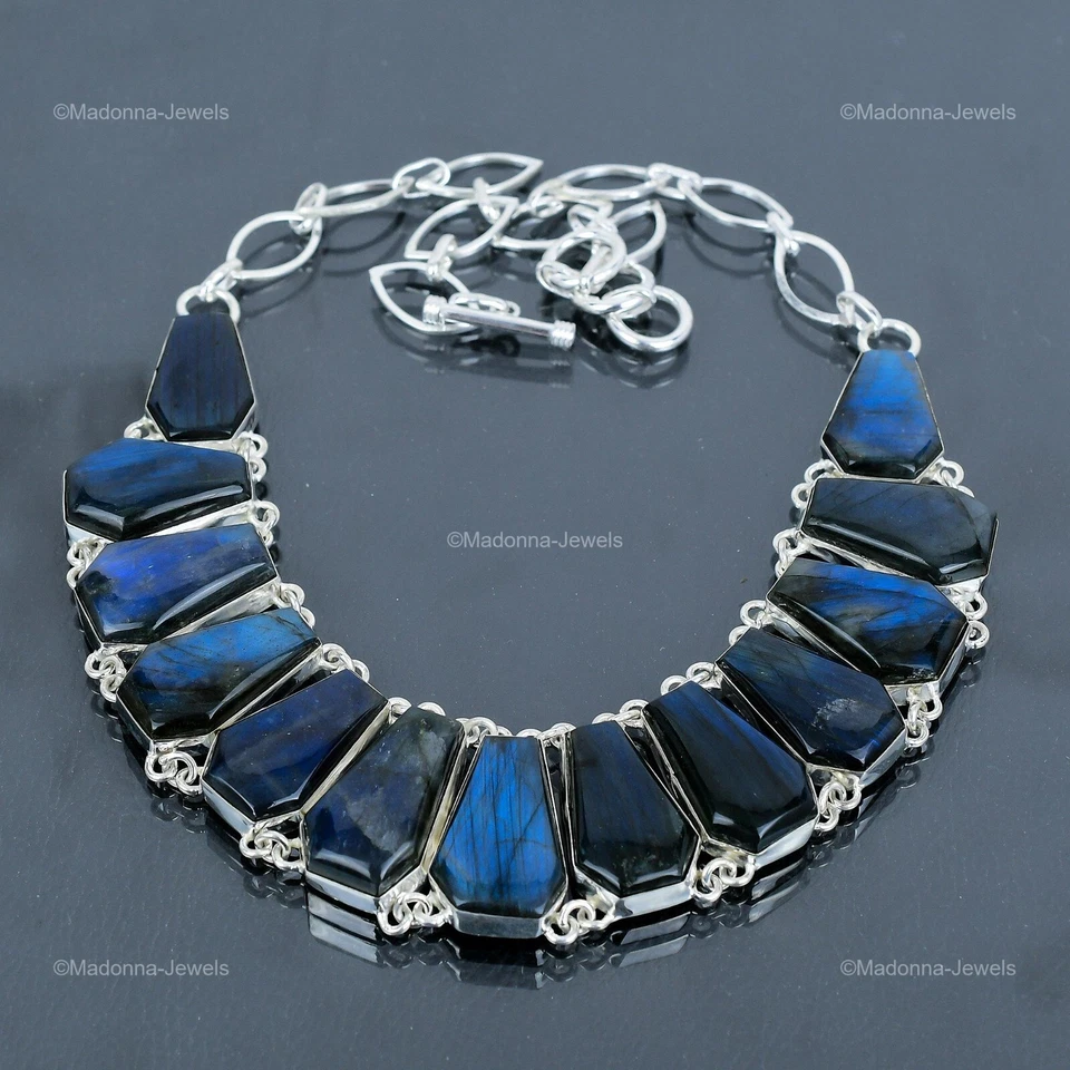 Oferta de San Valentín Piedra Labradorita 925 Plata Esterlina Boho Ataúd Cadena Collar Foto 3 de 4