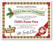 Santa Claus Nice List Certificate - Christmas or Birthday Party Favors Boy Girl