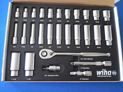 Wiha 33896 - 28 Piece 1/2 Drive Professional Standard & Deep Socket Tray Set, S