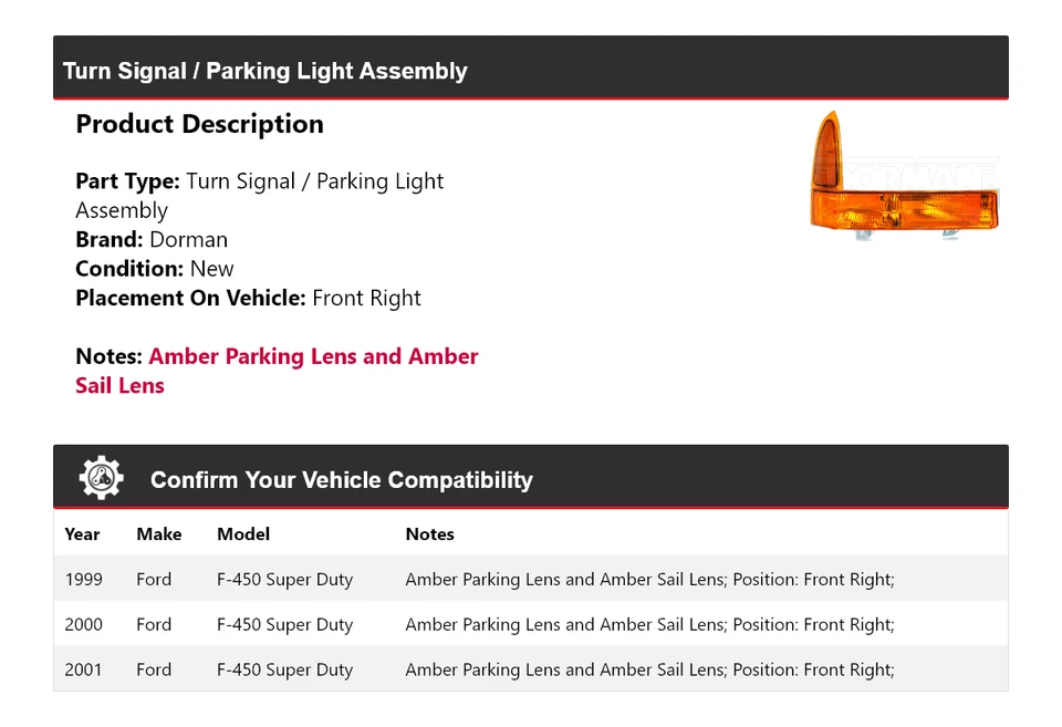 Conjunto de luces de giro/estacionamiento Dorman 2000 para Ford F-450 Super Duty 1999-2001 Foto 2 de 4