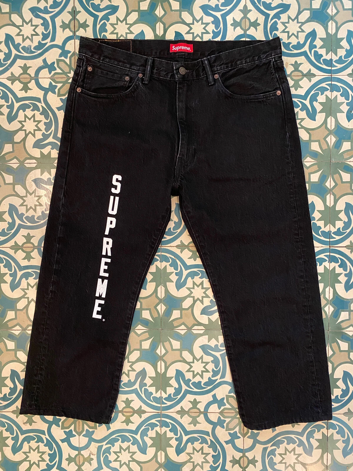 Jean SS 2017 Supreme Levi 505s Logo 36x24 NOIR Denim EXCELLENT ÉTAT BOGO