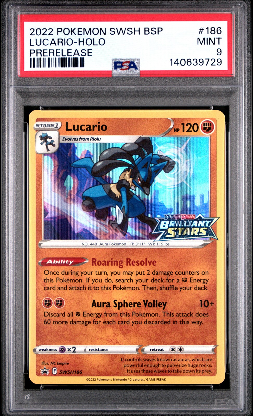 PSA 9 - LUCARIO PRERELEASE HOLO #186 - 2022 POKEMON SWSH BLACK STAR PROMO