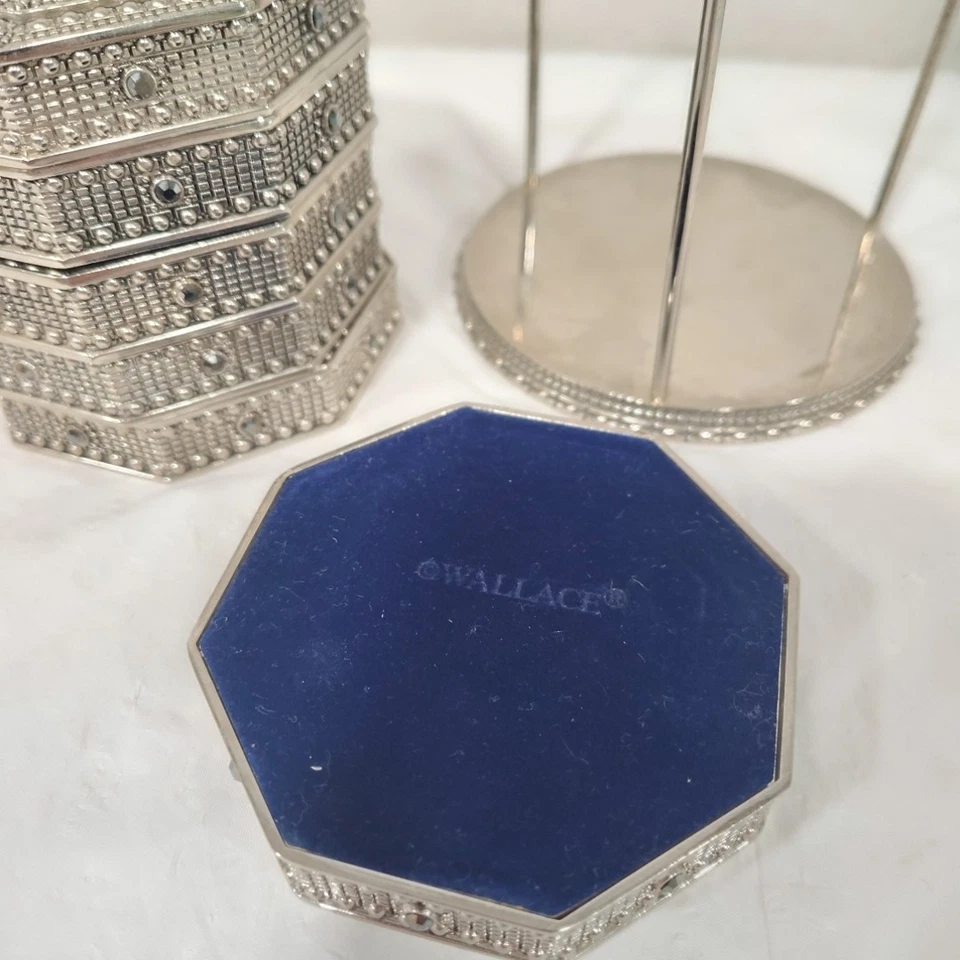 Wallace Vintage Coaster Set Silver Plate and Black Rhinestone 7 Piece Blue Felt - Image 3 of 4