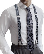 Men Suspender Set with Necktie Elastic Y Type Heavy Duty 6 Clips Braces Desig...