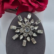 Vintage Clear Rhinestone Sunburst Brooch Silver Tone Starburst Snowflake Atomic