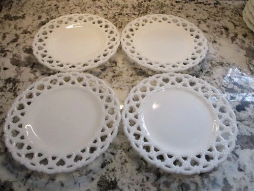 VINTAGE set of 4 Milk Glass reticulated plates Forget Me Not  Westmoreland 8.5”