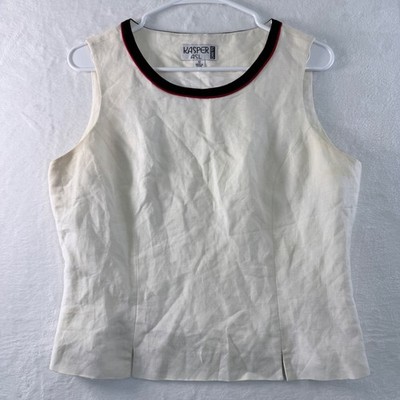 Womens Linen Blend Sleeveless Blouse Cream Contrast Trim Size 10 Work Top