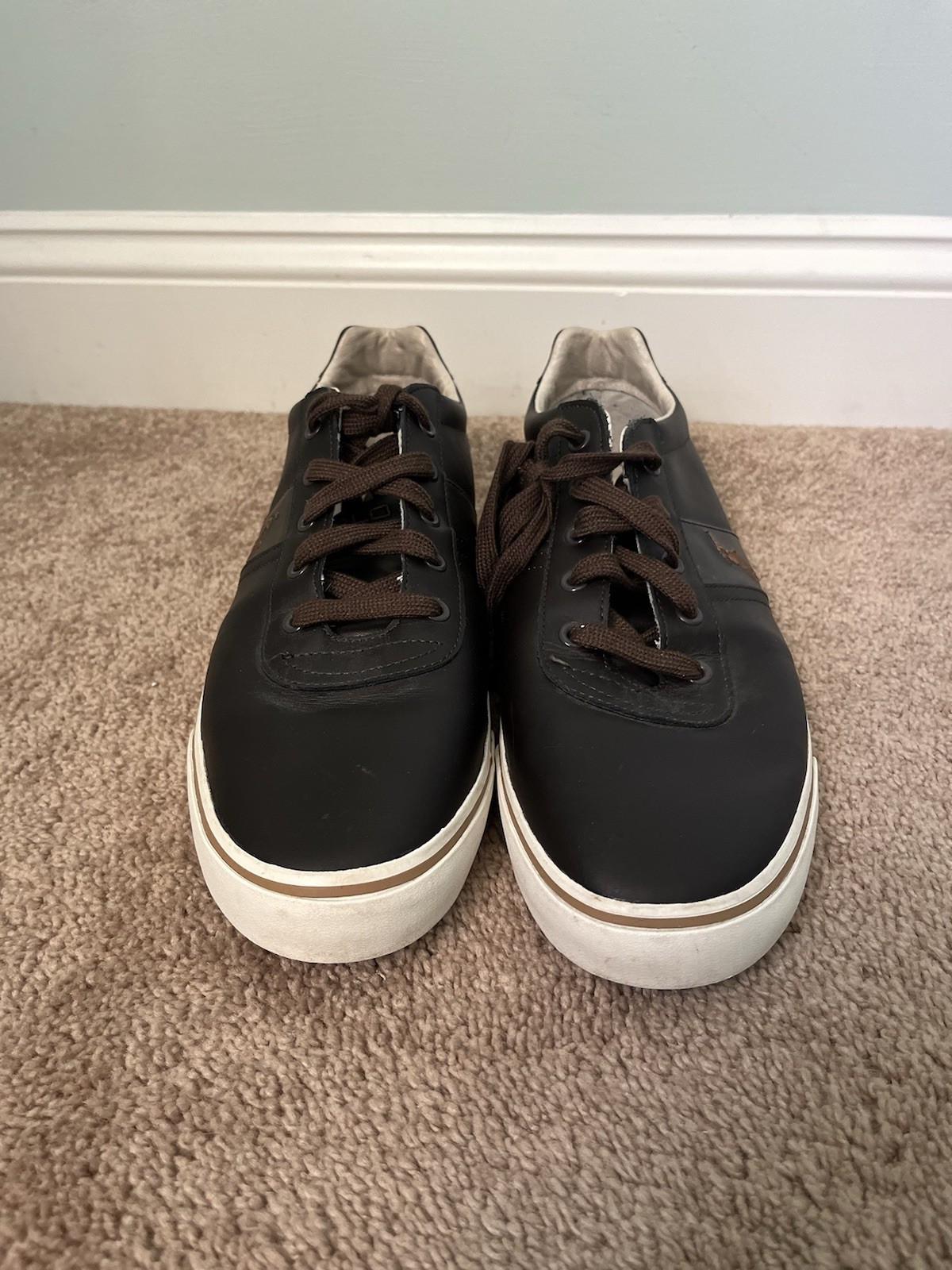 PONY Polo Ralph Lauren scarpe uomo Hanford sneakers stringate in pelle marrone taglia 13D