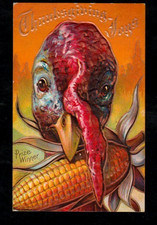Thanksgiving embossed postcard/ very close up of turkey face/ ear of corn/gold