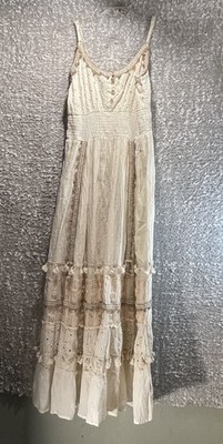 Me 2 Magic Boho Maxi Dress M Cream Gold Metallic Embroidered Crochet Tiered  | eBay