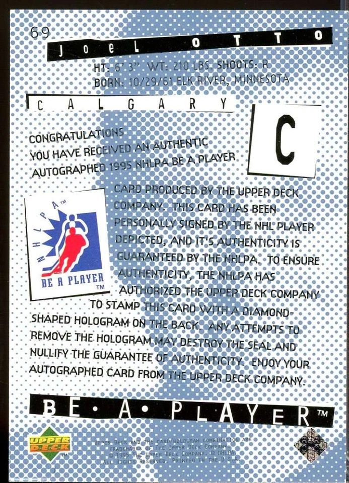 Joel Otto Card 1994-95 Be A Player Autographs #69 - Image 2 of 2