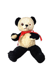 Vintage Panda Bear Plush 14 Inch Red Bow Black  White Teddy Bear Stuffed Toy