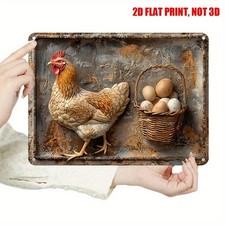 Farmhouse Hen with Egg Basket Vintage Metal Sign Wall Decor Rustic Country Gift