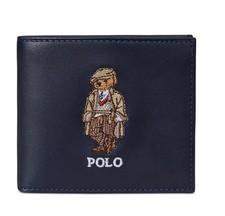 Polo Ralph Lauren Men's Embroidered BEAR Leather Billfold Wallet Navy 148