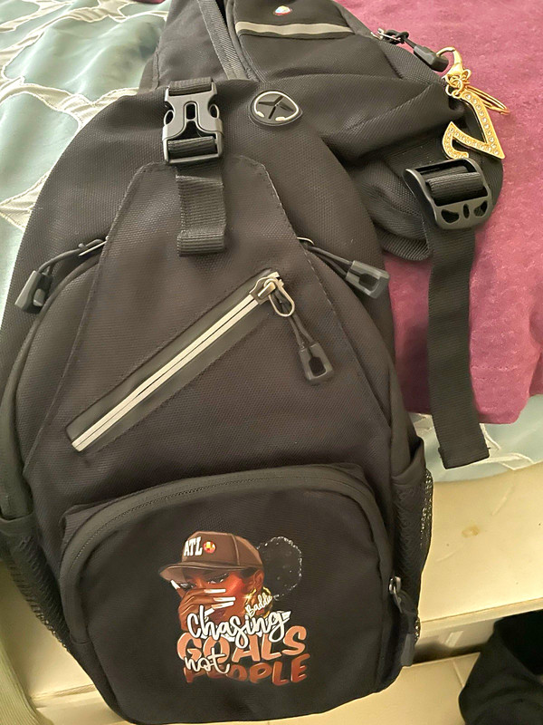 Black Crossbody Bag 4 Zip Pockets with graphic on front Rhinestones/ w "Created"
