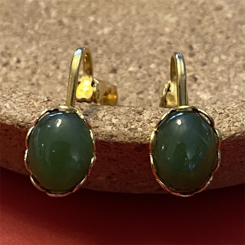 Gold Tone Green Oval Stone Clip-On Stud Earrings Metal Fashion Lobe